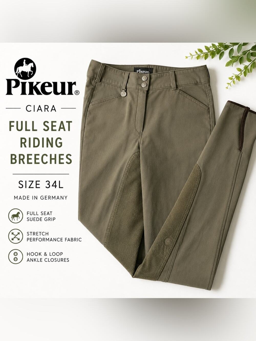 Pikeur Ciara Full Seat Equestrian Riding Breeches Olive Green Size 34L Germany